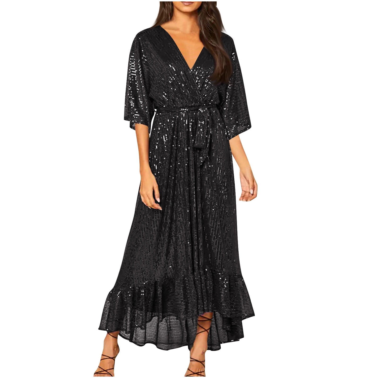 empire waist sequin dress Champagne Gold Sequin Pleated Empire V-neck Dress