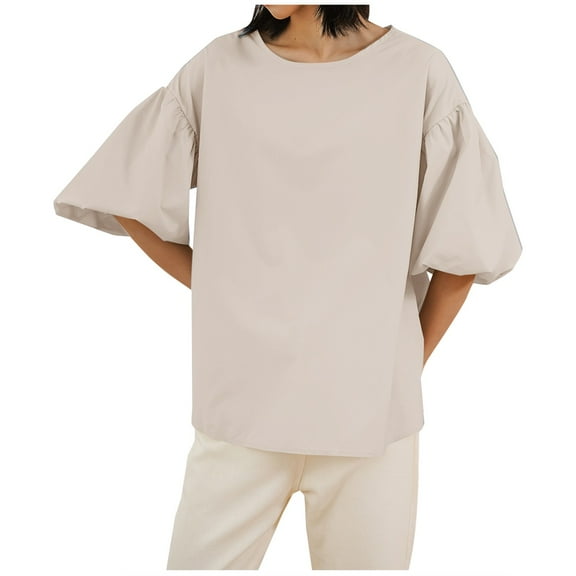 ZQUUVOU Women'S Summer Solid Color Loose Shirts Puff Sleeve Short Sleeve Round-Neck Blouses Beige
