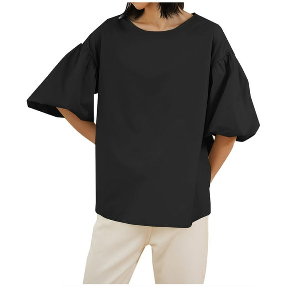 ZQUUVOU Women'S Summer Solid Color Loose Shirts Puff Sleeve Short Sleeve Round-Neck Blouses Black