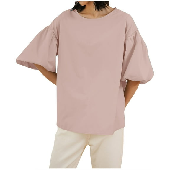 ZQUUVOU Women'S Summer Solid Color Loose Shirts Puff Sleeve Short Sleeve Round-Neck Blouses Pink