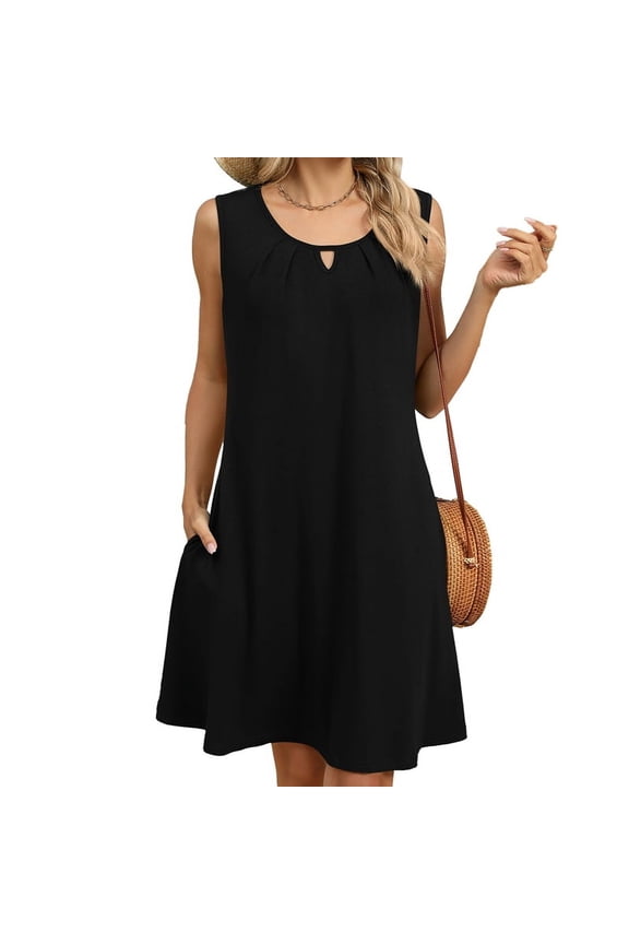 Women'S Summer Solid Color Round Neck Hollow Pleated Sleeveless Dress with Pockets Black L