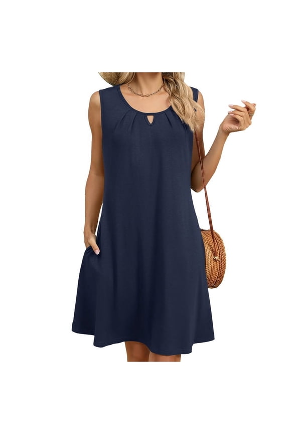 Women'S Summer Solid Color Round Neck Hollow Pleated Sleeveless Dress with Pockets Tibet M
