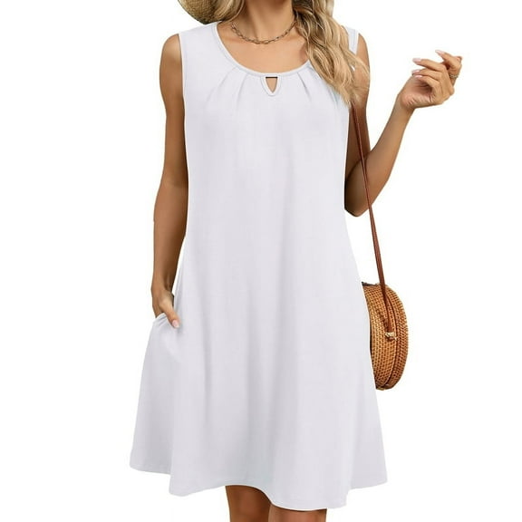 Women'S Summer Solid Color Round Neck Hollow Pleated Sleeveless Dress with Pockets White S