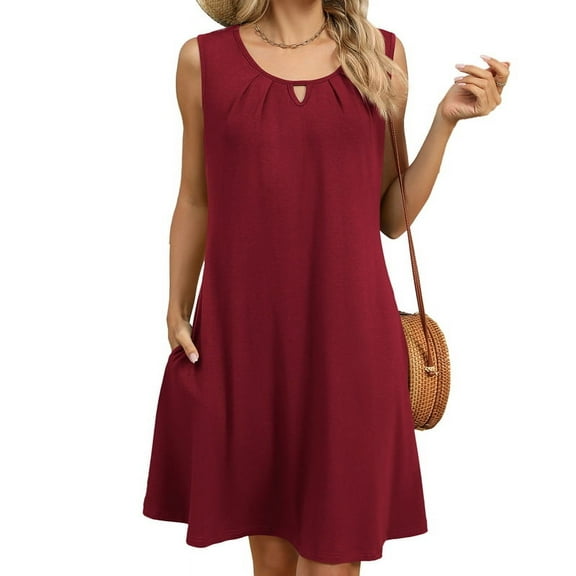 Women'S Summer Solid Color Round Neck Hollow Pleated Sleeveless Dress with Pockets Wine Red M
