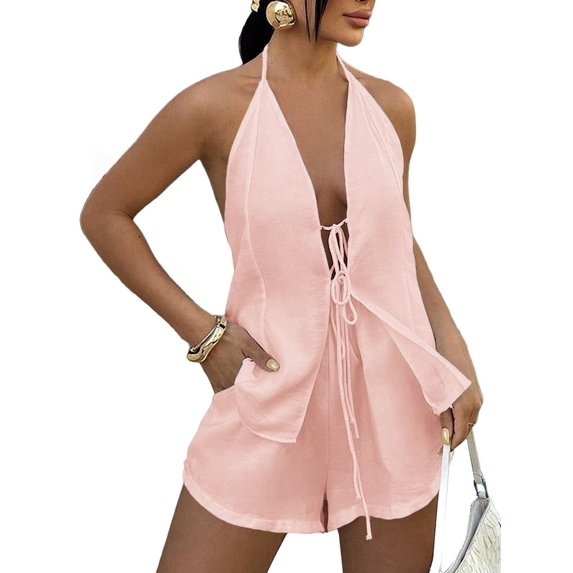 Women'S Summer Solid Loose Fit Sexy- Backless Halter Tie Front Tops and High Waisted Shorts 2 Piece Pink M