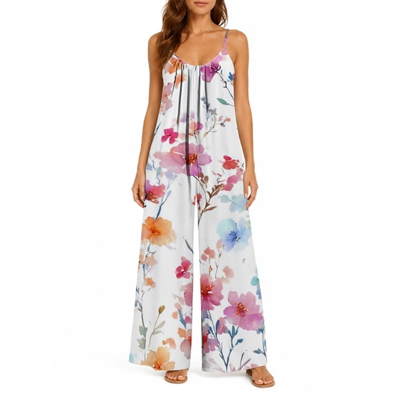 Women'S Summer Spaghetti Strap Jumpsuits Colorful Mixed Floral Loose Baggy Fit Wide Leg Rompers Casual Wear