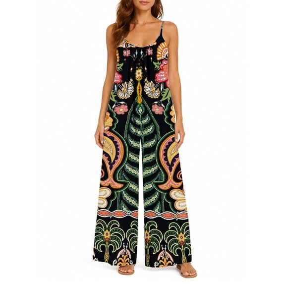 Women'S Summer Spaghetti Strap Jumpsuits Iridescent Paisley Flowers Loose Baggy Fit Wide Leg Rompers Casual Wear