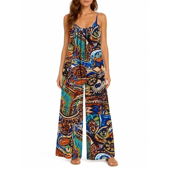 Women'S Summer Spaghetti Strap Jumpsuits Vibrant Bohemian Loose Baggy Fit Wide Leg Rompers Casual Wear