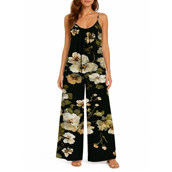 Women'S Summer Spaghetti Strap Jumpsuits Vintage Roses Loose Baggy Fit Wide Leg Rompers Casual Wear