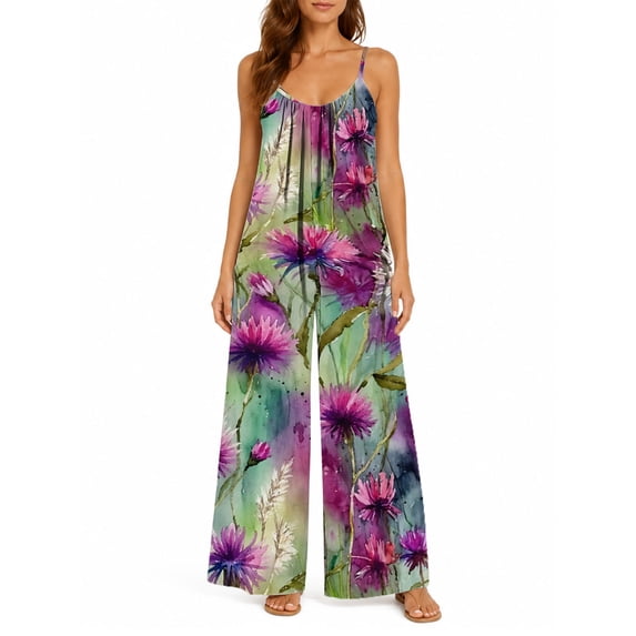 Women'S Summer Spaghetti Strap Jumpsuits Watercolor Purple Flower Clusters Loose Baggy Fit Wide Leg Rompers Casual Wear