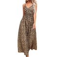 thumbnail image 1 of Women'S Summer Spaghetti Straps Flared V Neck Dress Ruched Sleeveless Leopard Beach Long Dress Brown L, 1 of 9
