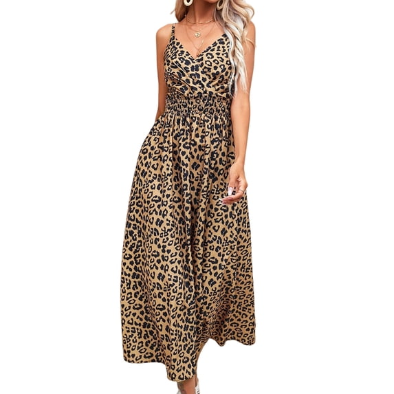 Women'S Summer Spaghetti Straps Flared V Neck Dress Ruched Sleeveless Leopard Beach Long Dress Brown L