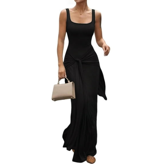 Women'S Summer Square Collar Sleeveless Tank Dress Sexy- Double Lined Bodycon Maxi Long Dresses Black M