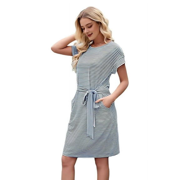 Women'S Summer Striped Short Sleeve T Shirt Dress Casual Tie Waist with Pockets Black M