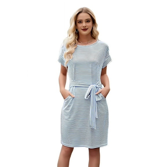 Women'S Summer Striped Short Sleeve T Shirt Dress Casual Tie Waist with Pockets