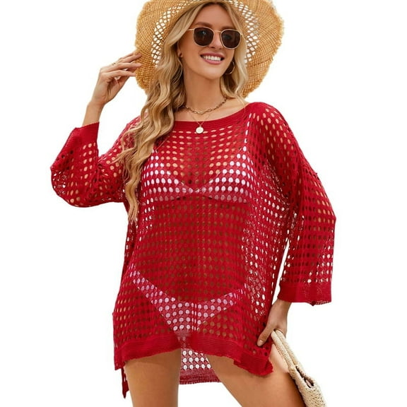 Women'S Summer Swimsuit Crochet Cover Up Bathing Suit Short Sleeve Knit Beach Dress Red One size