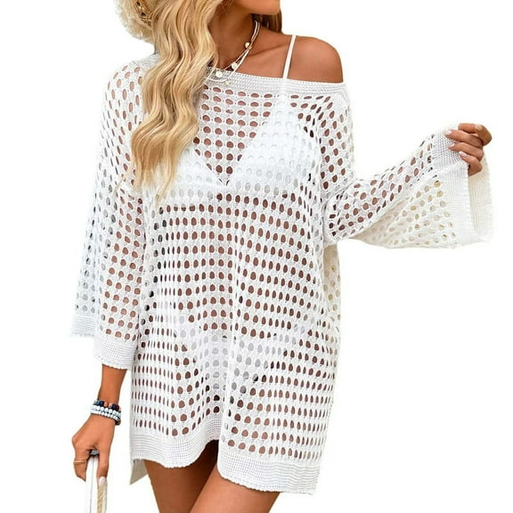 Women'S Summer Swimsuit Crochet Cover Up Bathing Suit Short Sleeve Knit Beach Dress White One Size