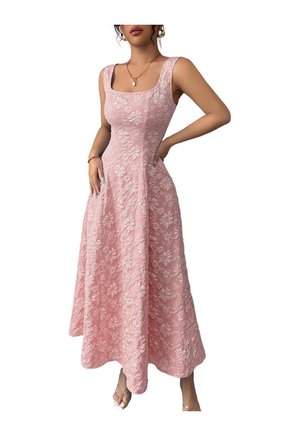 Women'S Summer Tank Square Neck Jacquard Floral Maxi Dress Elegant Flowy Boho Chic Evening Gown Pink L