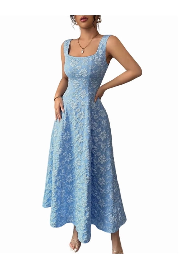 Women'S Summer Tank Square Neck Jacquard Floral Maxi Dress Elegant Flowy Boho Chic Evening Gown Shallow Blue M