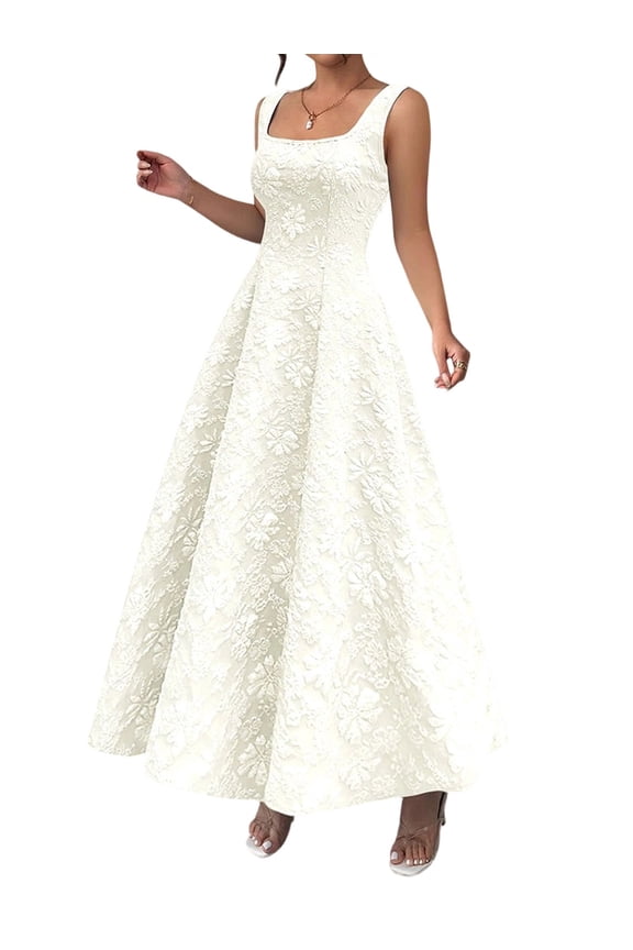 Women'S Summer Tank Square Neck Jacquard Floral Maxi Dress Elegant Flowy Boho Chic Evening Gown