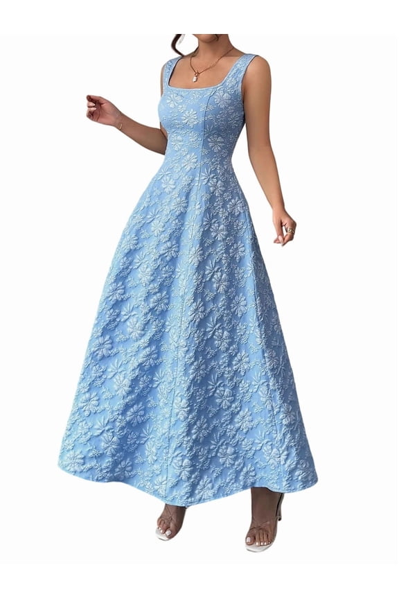 Women'S Summer Tank Square Neck Jacquard Floral Maxi Dress Elegant Flowy Boho Chic Evening Gown
