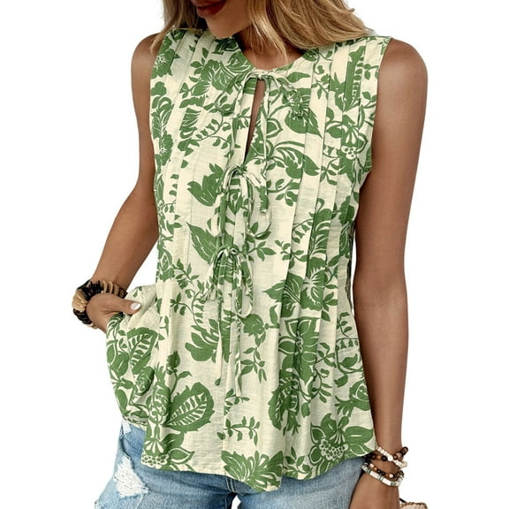 Women'S Summer Tie Front Tank Tops Pleated Round Neck Sleeveless Tops Green M