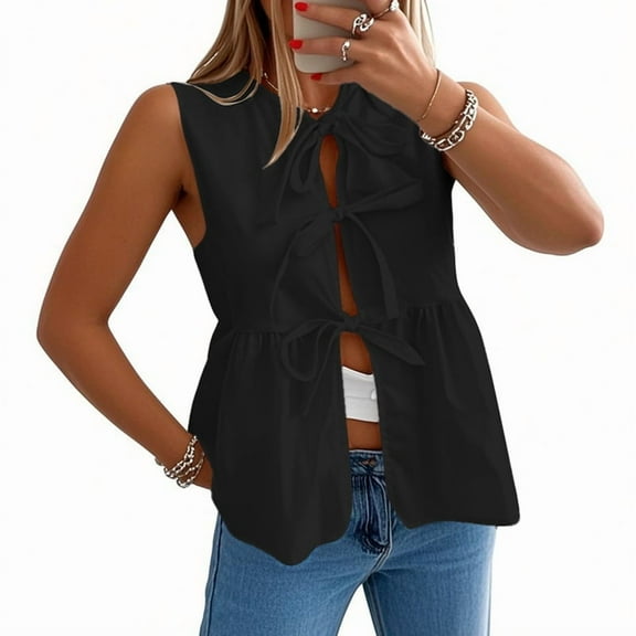 Women'S Summer Tie Front Vest Top Sleeveless Suit Vest Dressy Business Work Waistcoat Tops