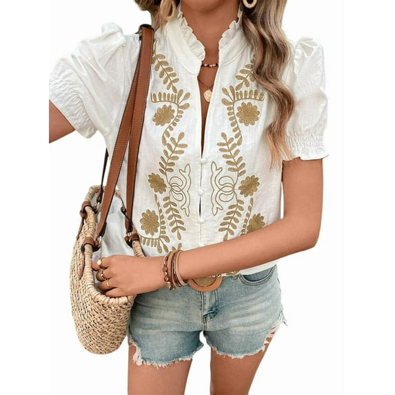 Women'S Summer Tops 2025 Casual Ruffle V Neck Puff Short Sleeve Button Down Shirts Embroidered Blouses M