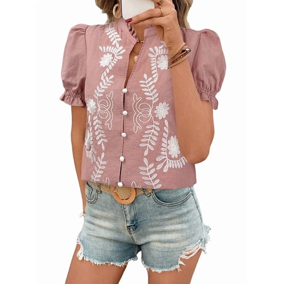 Women'S Summer Tops 2025 Casual Ruffle V Neck Puff Short Sleeve Button Down Shirts Embroidered Blouses Pink M