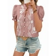 thumbnail image 1 of Women'S Summer Tops 2025 Casual Ruffle V Neck Puff Short Sleeve Button Down Shirts Embroidered Blouses Pink XL, 1 of 7