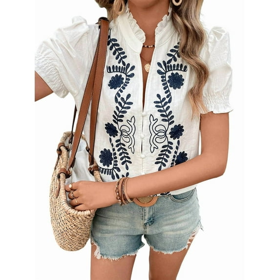Women'S Summer Tops 2025 Casual Ruffle V Neck Puff Short Sleeve Button Down Shirts Embroidered Blouses White L
