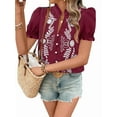 thumbnail image 1 of Women'S Summer Tops 2025 Casual Ruffle V Neck Puff Short Sleeve Button Down Shirts Embroidered Blouses Wine Red S, 1 of 8
