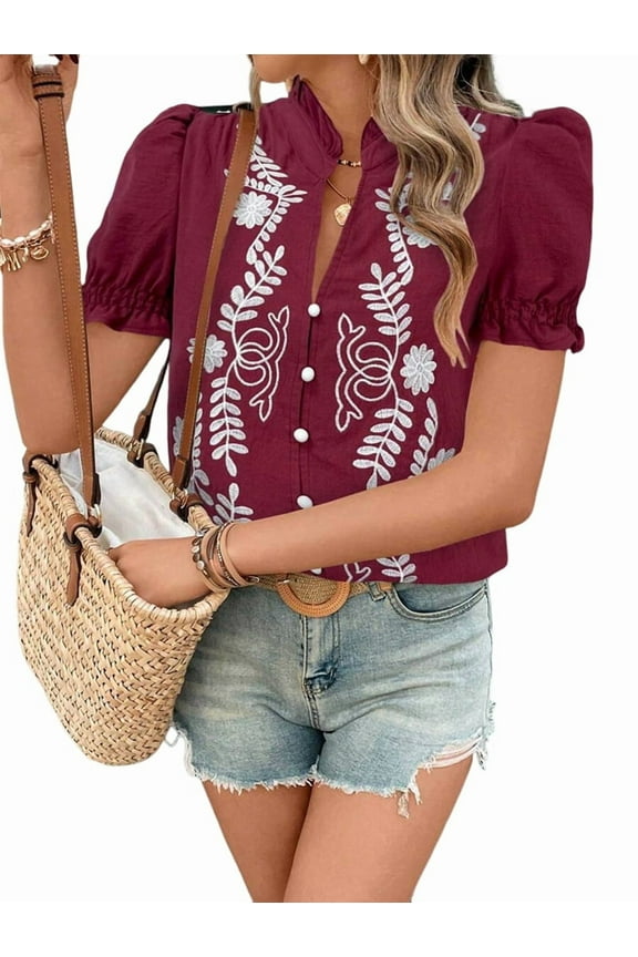 Women'S Summer Tops 2025 Casual Ruffle V Neck Puff Short Sleeve Button Down Shirts Embroidered Blouses Wine Red XXL
