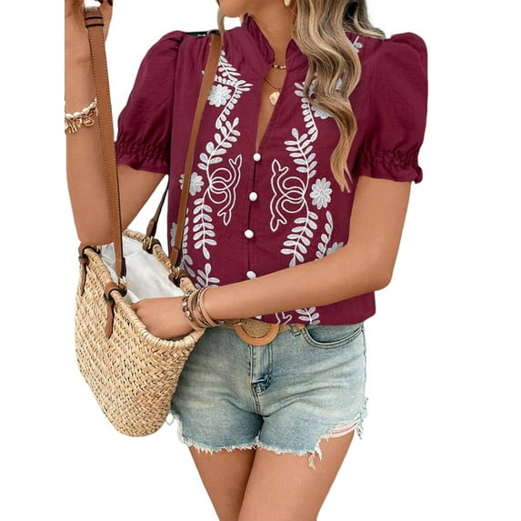 Women'S Summer Tops 2025 Casual Ruffle V Neck Puff Short Sleeve Button Down Shirts Embroidered Blouses Wine Red XXL