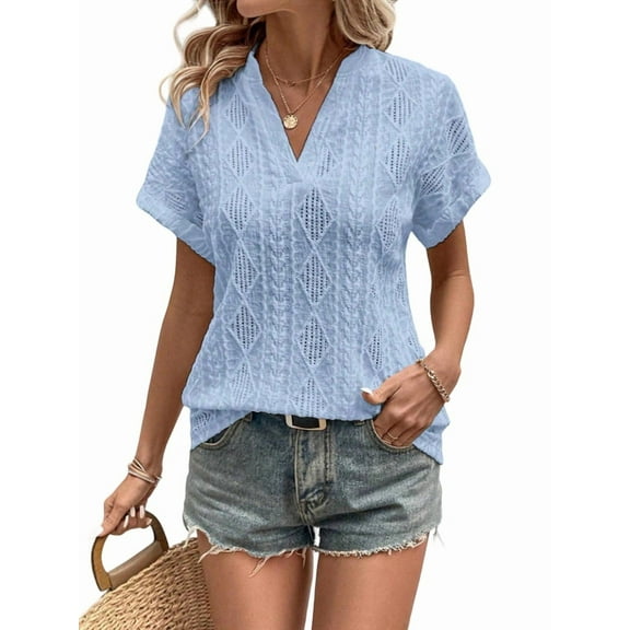 Women'S Summer Tops Casual V-Neck Cap Sleeve Shirt Light Crochet Textured Vest Shirt Sky Blue XXL
