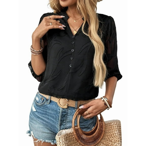 Women'S Summer Tops Dressy Casual V Neck Short Sleeve Button Up Lace Embroidered Blouses Shirts