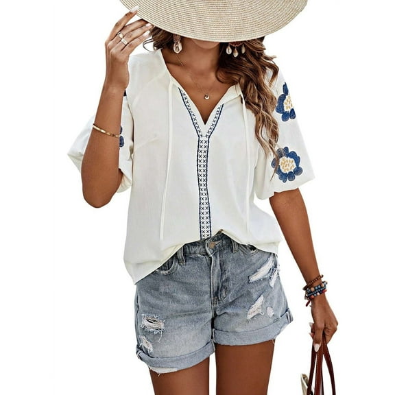 Women'S Summer Tops Floral Embroidered Puff Short Sleeve Shirts V Neck Boho Tunic Casual Blouse Apricot S