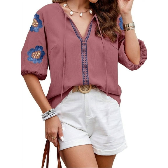 Women'S Summer Tops Floral Embroidered Puff Short Sleeve Shirts V Neck Boho Tunic Casual Blouse Pink L
