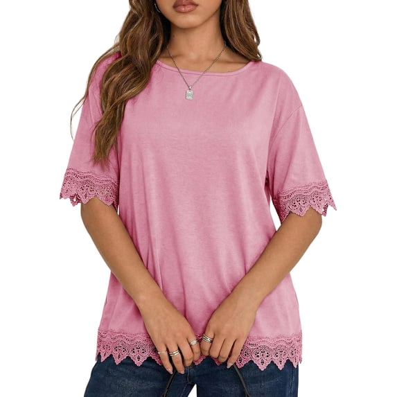 Women'S Summer Tops Oversized Short Sleeve Shirts Casual Loose Lace Patchwork T-Shirt Outfits Pink M