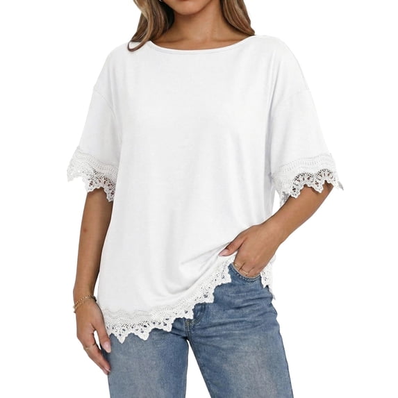 Women'S Summer Tops Oversized Short Sleeve Shirts Casual Loose Lace Patchwork T-Shirt Outfits White L