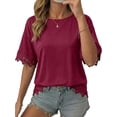 thumbnail image 1 of Women'S Summer Tops Oversized Short Sleeve Shirts Casual Loose Lace Patchwork T-Shirt Outfits Wine Red XL, 1 of 6