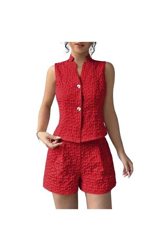 Women'S Summer Two Piece Sets Button Down Sleeveless Crop Vest Top and High Waisted Shorts Set Red L