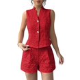 thumbnail image 1 of Women'S Summer Two Piece Sets Button Down Sleeveless Crop Vest Top and High Waisted Shorts Set Red M, 1 of 6