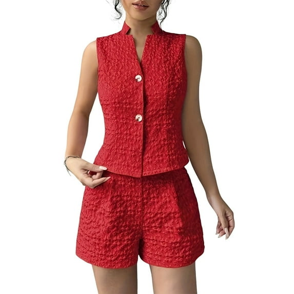 Women'S Summer Two Piece Sets Button Down Sleeveless Crop Vest Top and High Waisted Shorts Set Red XXL