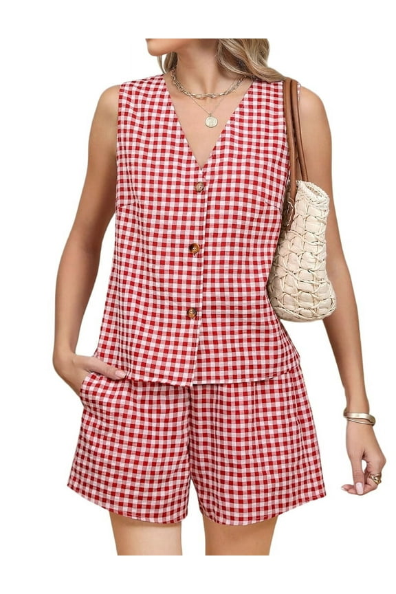 Women'S Summer Two Piece Sets Vacation Outfits Matching Short Sets Linen Gingham Vest and Shorts Red M