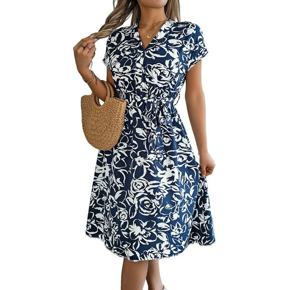 Women'S Summer V Neck Cap Sleeve Floral Sundresses Flowy Summer Dresses for Women 2025 Dark Blue M