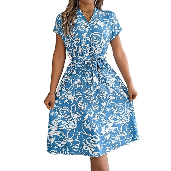 Women'S Summer V Neck Cap Sleeve Floral Sundresses Flowy Summer Dresses for Women Light Blue L