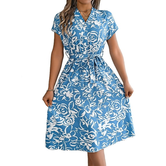 Women'S Summer V Neck Cap Sleeve Floral Sundresses Flowy Summer Dresses for Women 2025 Light Blue M