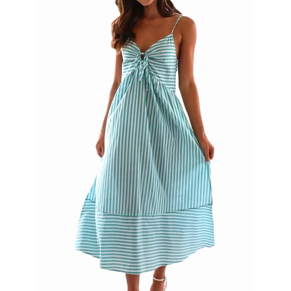 Women'S Summer V-Neck Maxi Dress Striped Holiday Bohemian Beach Spaghetti Strap Sundress Back Tie Blue XL