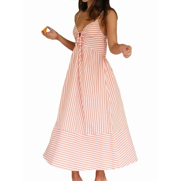 Women'S Summer V-Neck Maxi Dress Striped Holiday Bohemian Beach Spaghetti Strap Sundress Back Tie Pink L